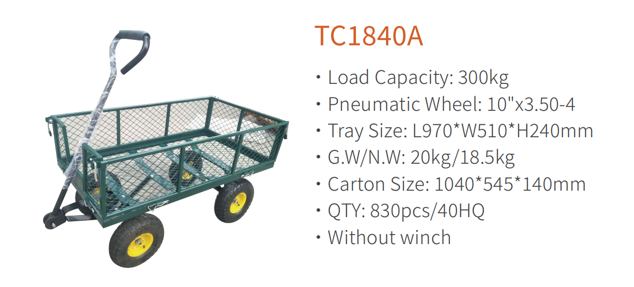 TC1840A メッシュスチールガーデントロリーカート、折りたたみユーティリティワゴン、取り外し可能な側面付き、10 インチ 3.50-4 空気圧ホイール、300KG 容量サプライヤー