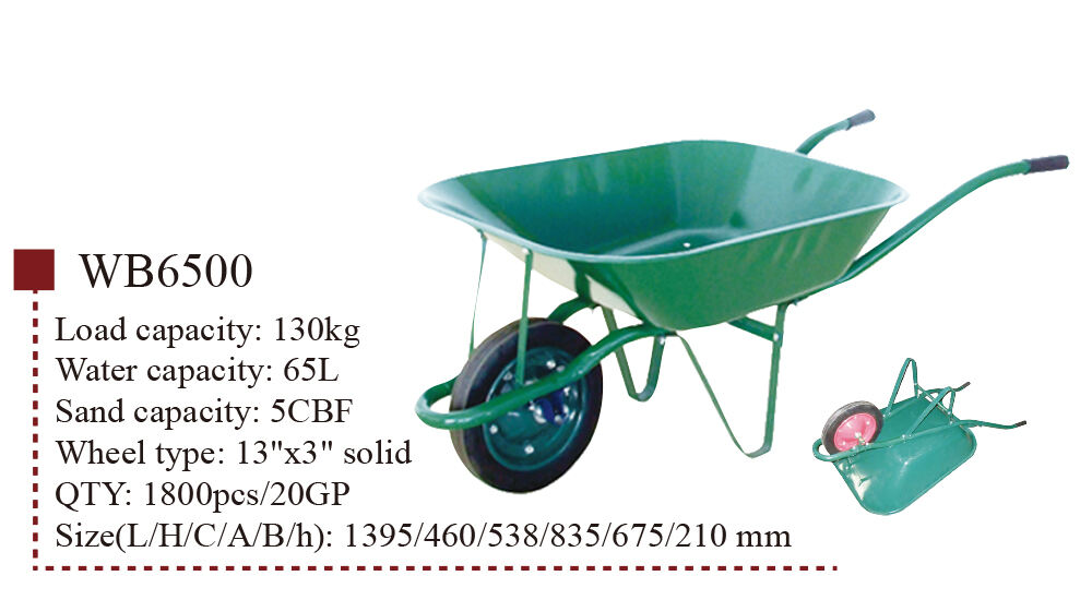 Carrinho de mão WB6500, carrinho de mão para construção de jardim, com fabricação de roda sólida de 13x3 polegadas