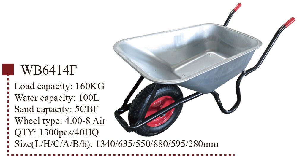 WB6414F Wheelbarrow, Wheel Barrow, kanggo Bangunan Konstruksi Taman, kanthi Bingkai Baja, 4.00-8 Rincian Roda Pneumatik