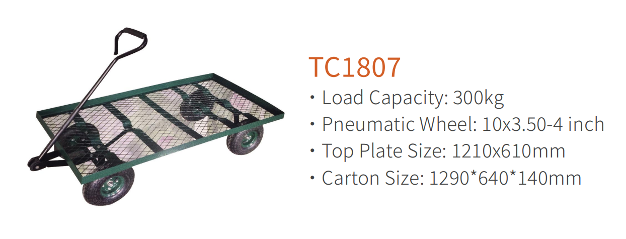 عربة ترولي للحديقة من الفولاذ الشبكي TC1807، عربة أدوات قابلة للطي، مع عجلة هوائية مقاس 10 × 3.50-4 بوصة، بسعة 300 كجم المزود