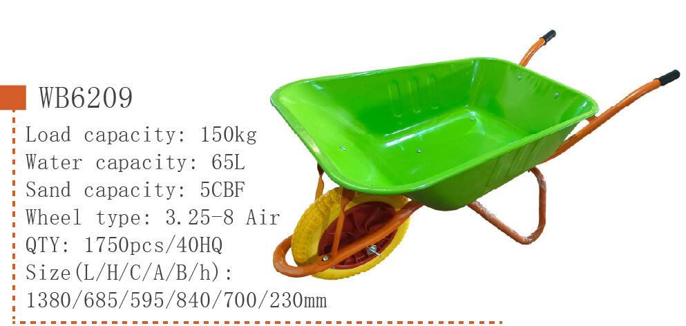 WB6209 Garden Handbarrow، Wheel Barrow، لبناء البناء، بإطار فولاذي، 3.25-8 المزود بعجلة هوائية