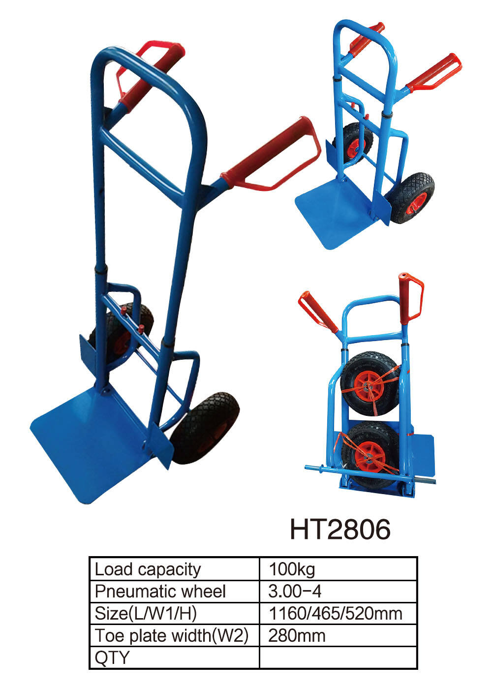 HT2806 Steel Hand Truck, Hand Cart Trolley Dolly, with 3.00-4 Pneumatic Wheel factory