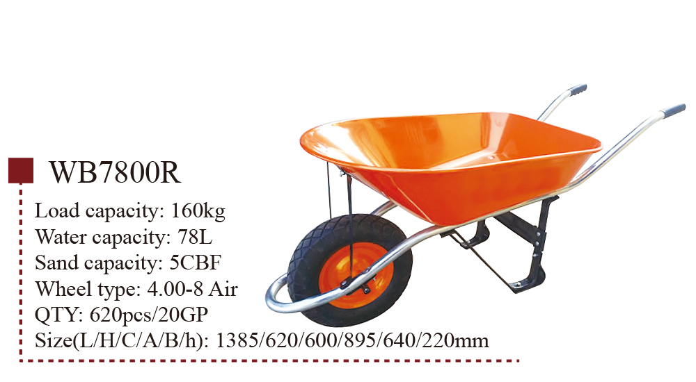 Brouette WB7800R, brouette, pour bâtiment de construction de jardin, avec cadre en acier, fournisseur de roues pneumatiques 4.00-8