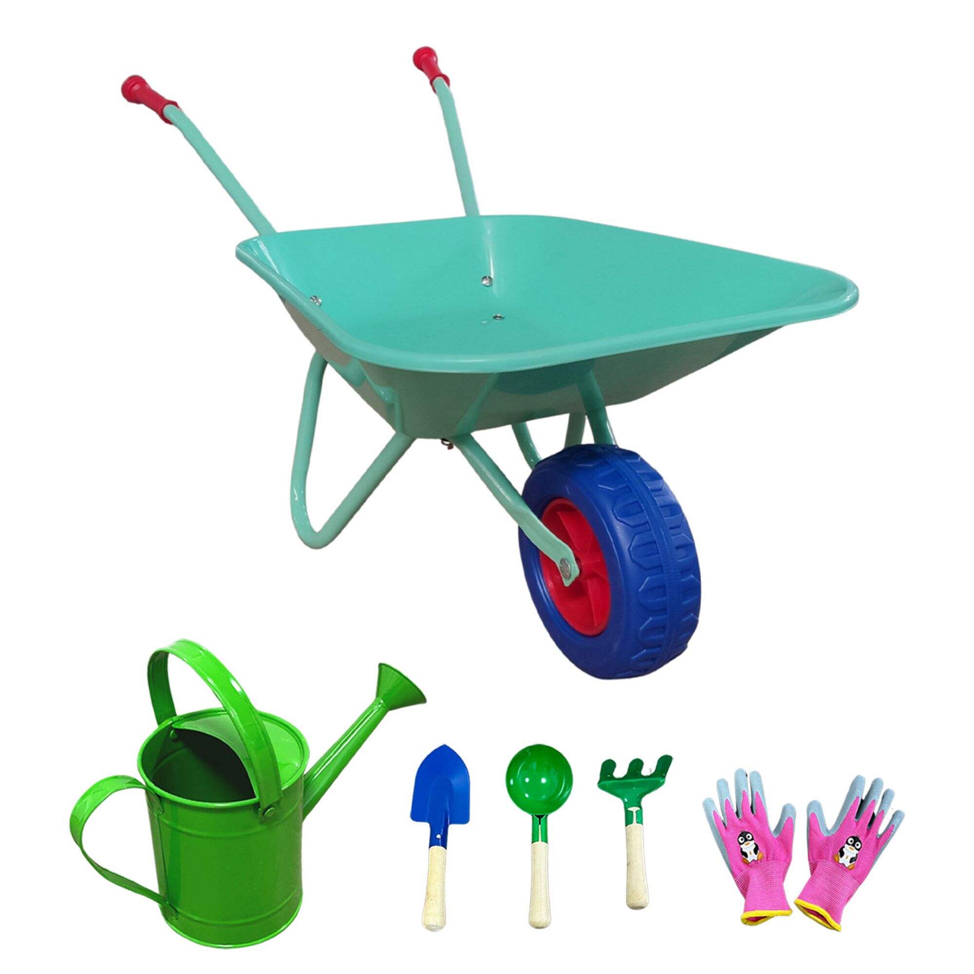 Carrinho de mão de brinquedo infantil WB0103P, ferramentas de jardinagem de barril de roda infantil com 6