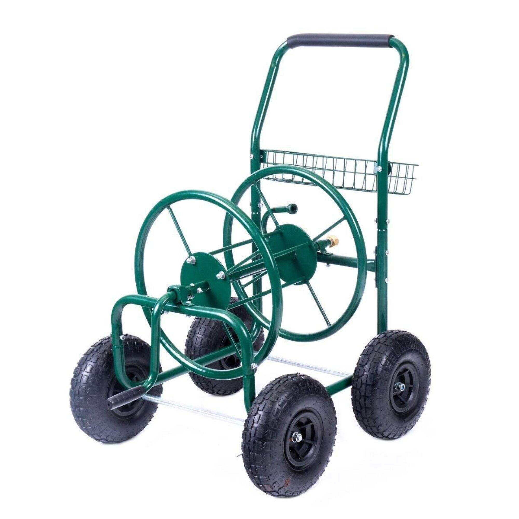TC1851 Wytrzymały wózek na wąż, metalowy wózek z bębenkiem na wąż ogrodowy do trawnika na zewnątrz, z 4 kołami pneumatycznymi, koszem do przechowywania