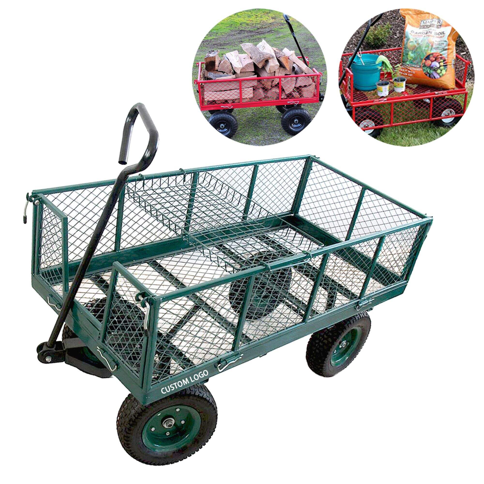 TC1840 Mesh Steel Garden Trolley Cart, Folding Utility Wagon, with Removable Sides, 10 Inch 3.50-4 Pneumatic Wheel, 300KG Capacity