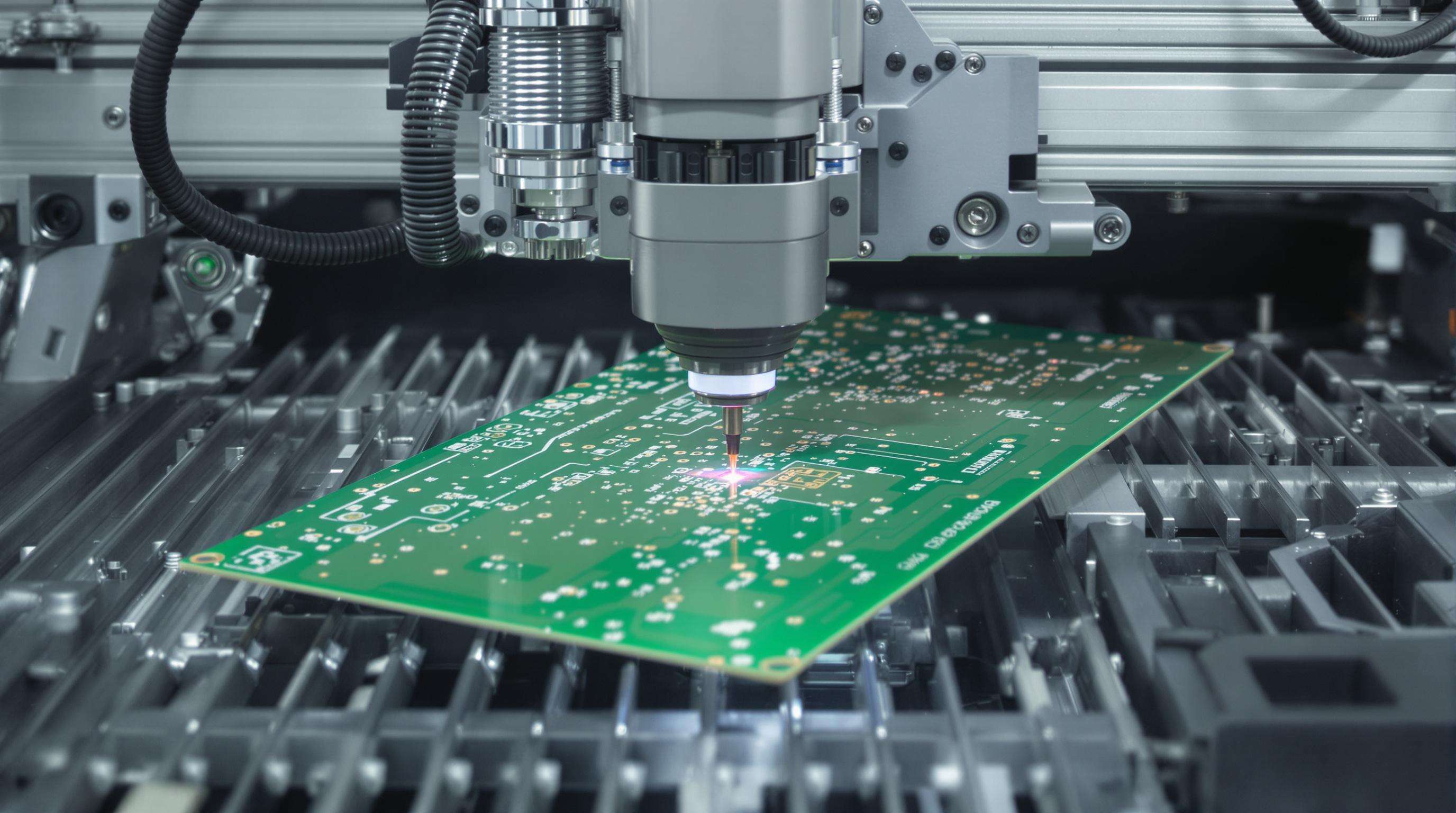 Close-up of a modular PCB marking workstation showing fiber laser equipment and a vision system monitoring a circuit board for precision and quality.