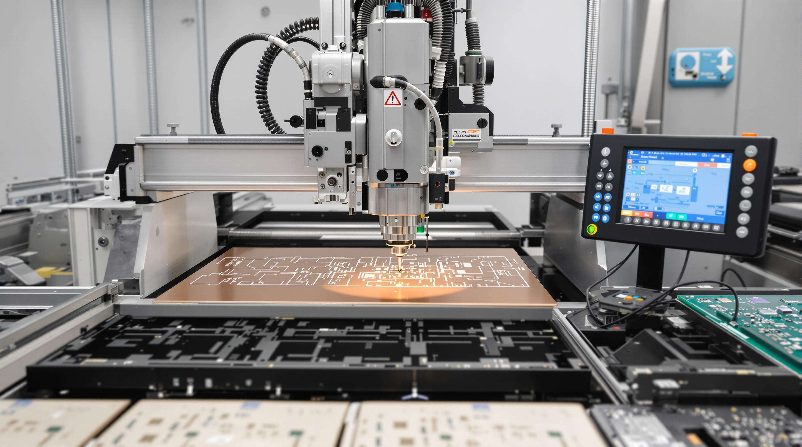 Modern workspace with CNC milling and PCB marking machines integrated, including calibration tools and circuit board panels