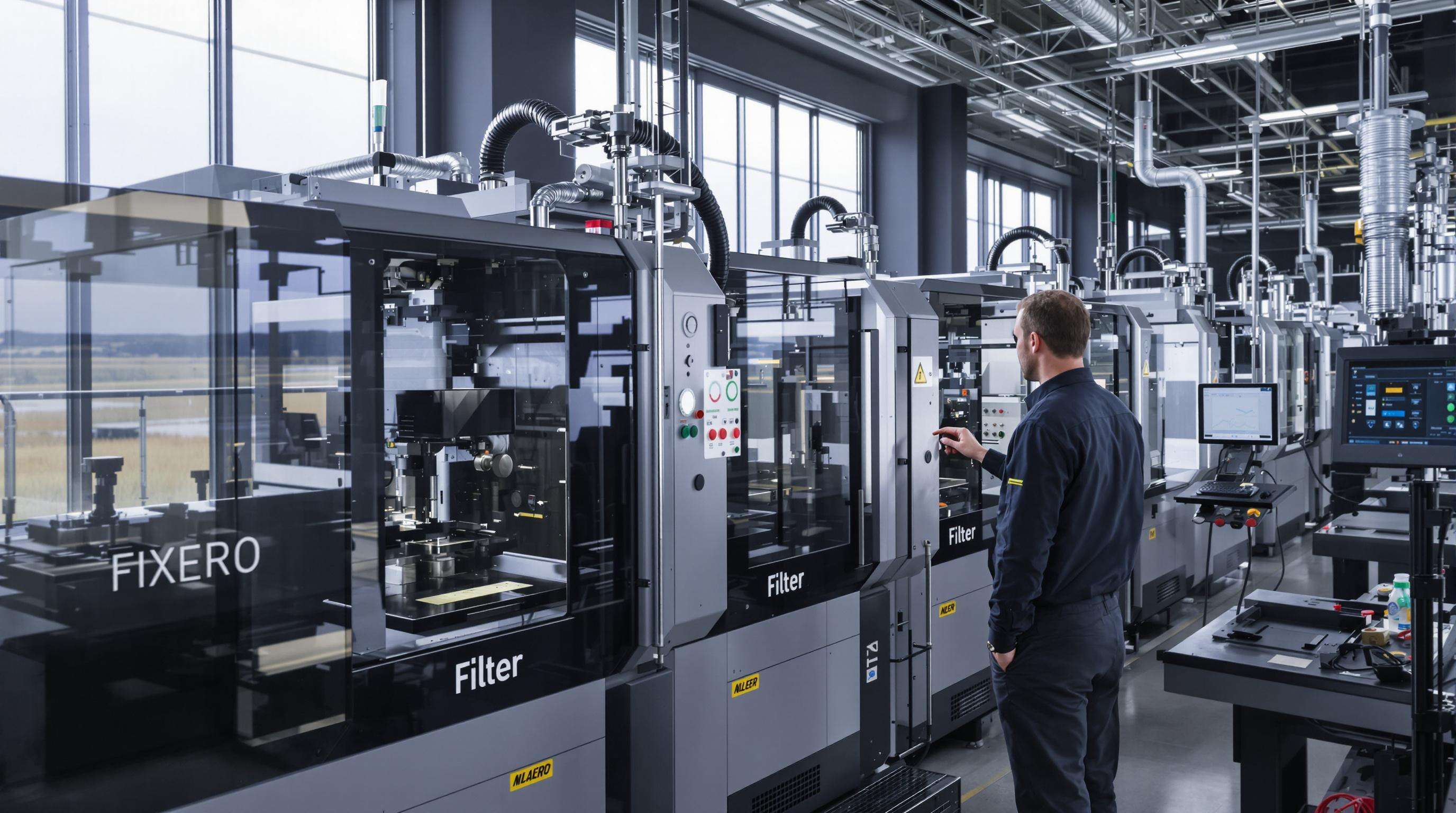 Engineer overseeing smart fume filter systems with sensor-driven predictive maintenance on laser marking machines