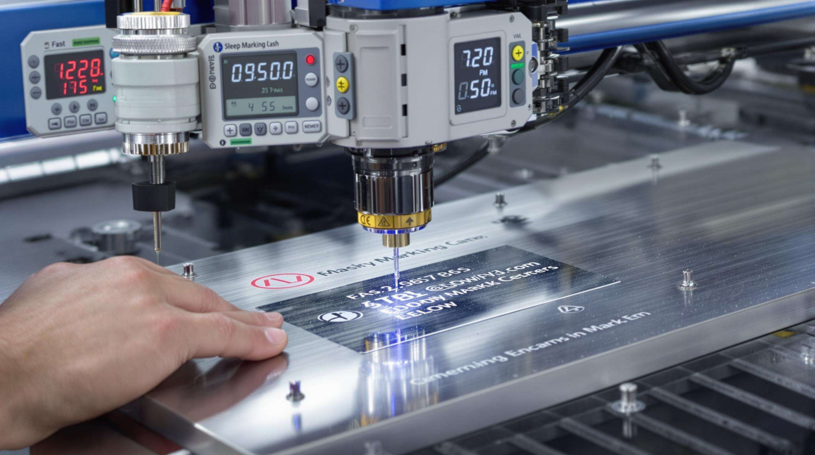 Industrial laser marking machine engraving metal, with energy meters reflecting speed-dependent power usage