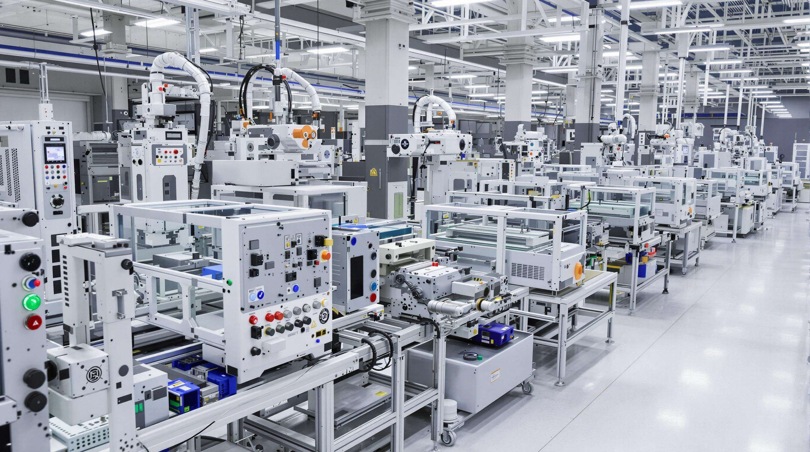 A modular PCB marking station integrated with automated SMT equipment on a factory floor, featuring robotic arms and various PCB boards in production.