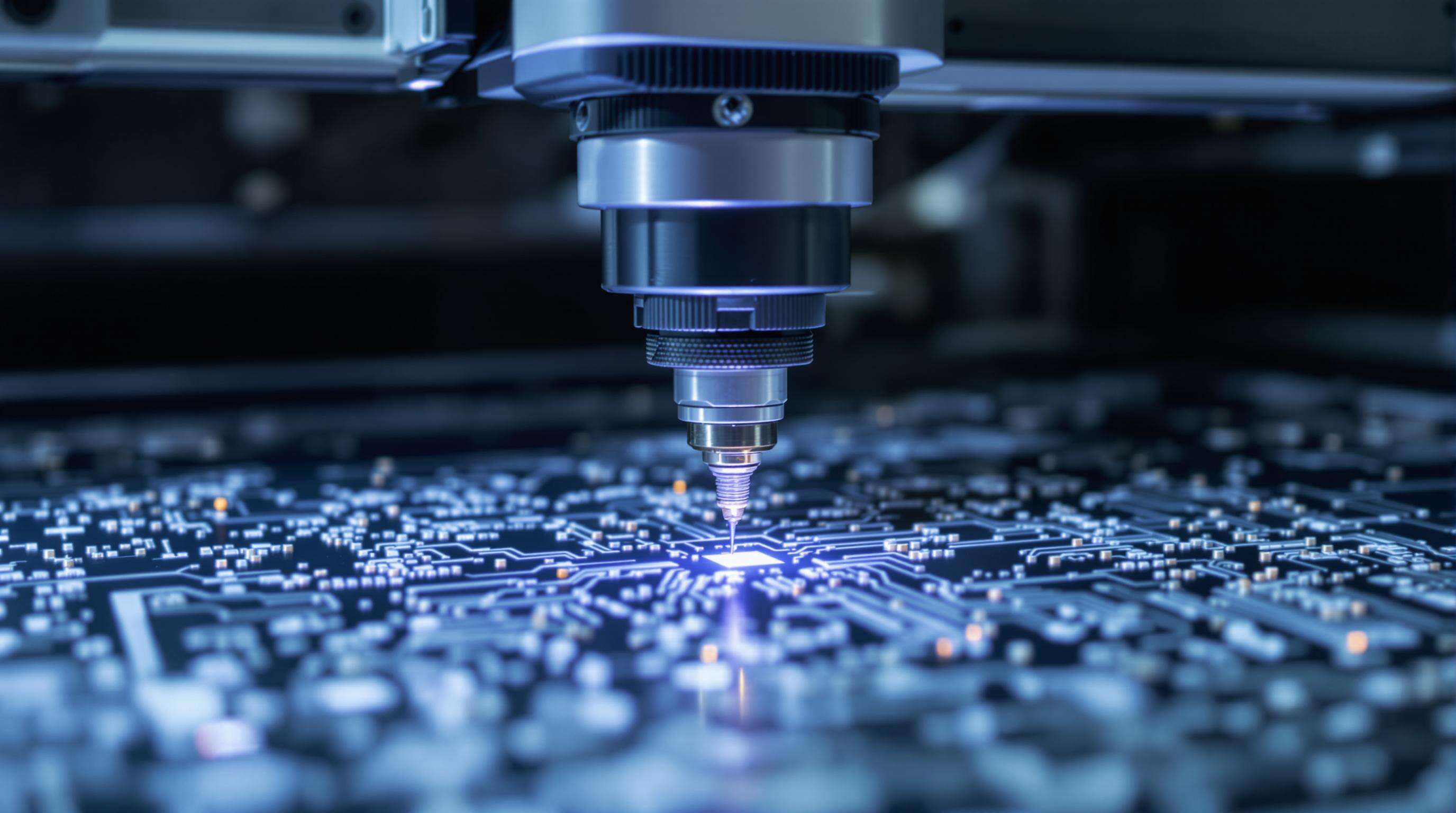 High-tech PCB marking machine applying precise markings on a circuit board prototype with technicians observing