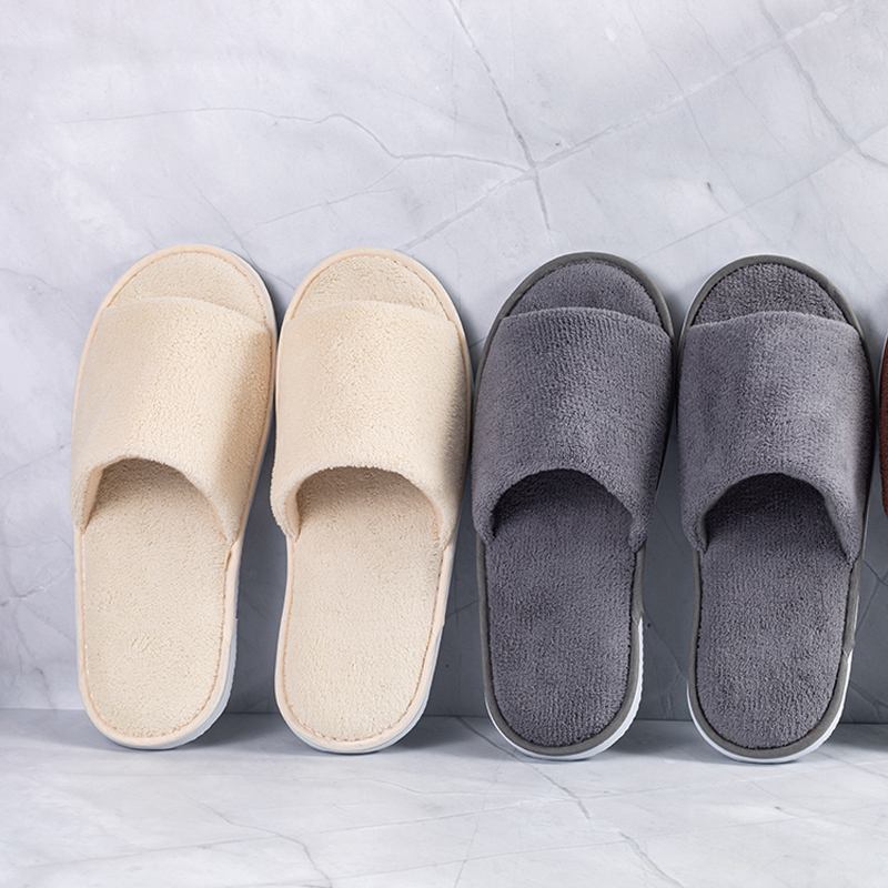 open toe hotel terry slippers with logo coral velvet slippers non-slip sole details