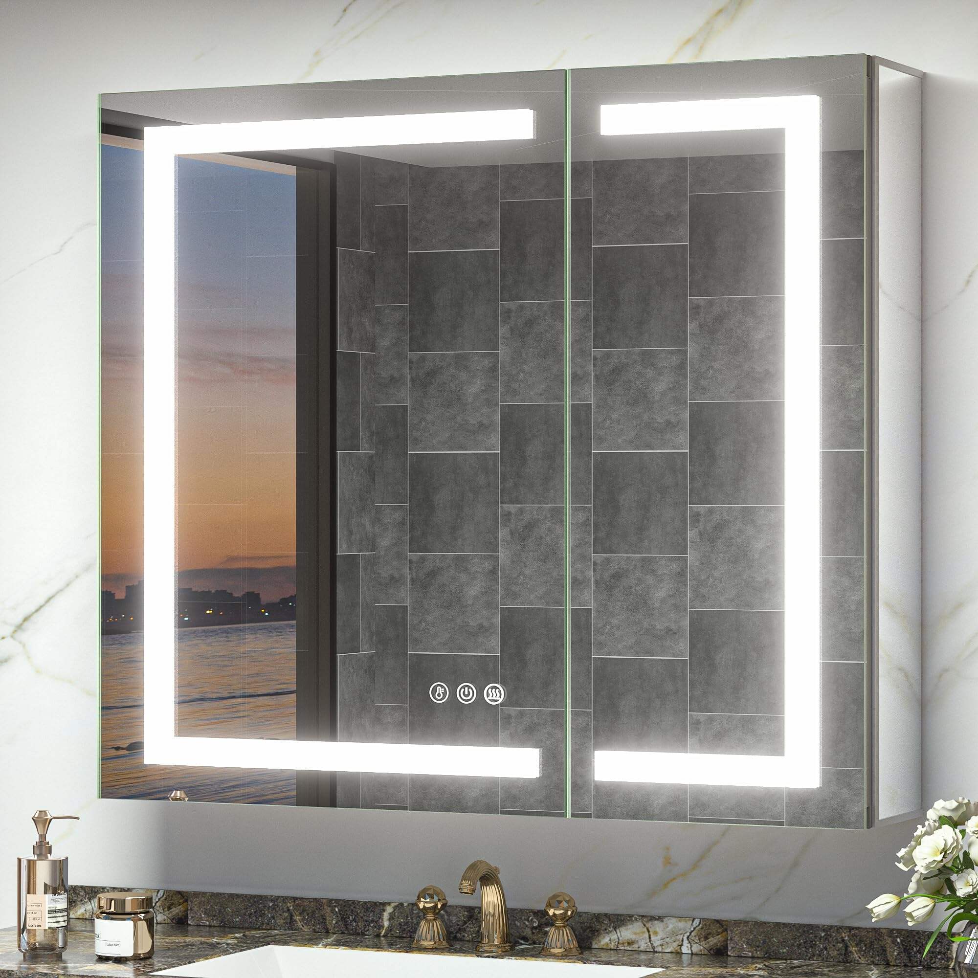 Foshan Haohan Smart Home Co., Ltd. 36 x 32 beleuchteter Medizinschrank mit Spiegel, Steckdose, Frontbeleuchtung, beschlagfrei, 3 Farben, Temperatur dimmbar, Aufputz- oder Einbaumontage für Badezimmer-Waschtisch und modernes Dekor