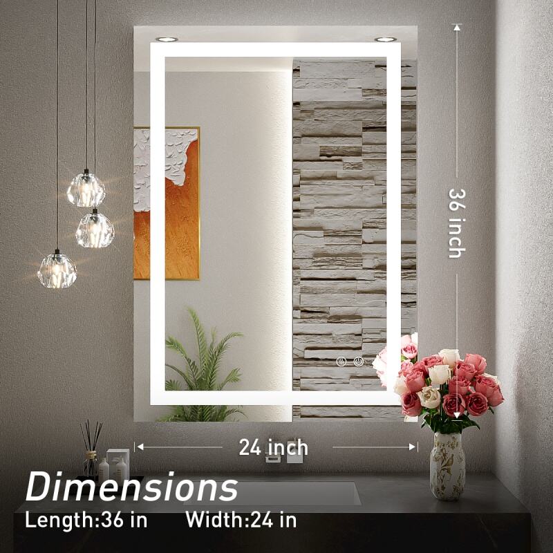 JJGullit bathroom mirror supplier 36 x 24 Inch LED Bathroom Mirror for Vanity,Wall Mounted Lighted Mirror, Frameless Bathroom Mirror with Lights Dimmable Anti-Fog Memory Function(Horizontal&Vertical)