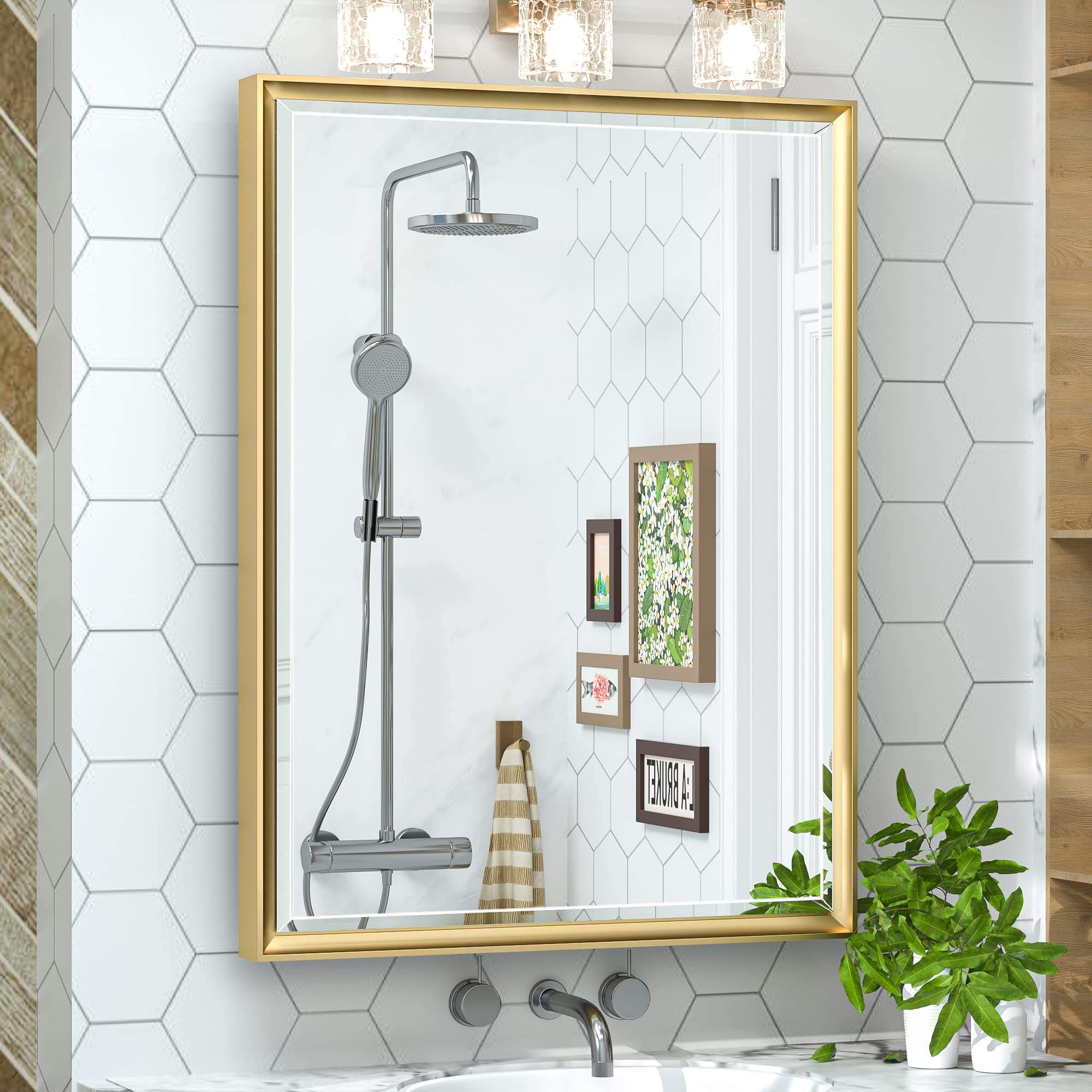 Foshan Haohan Smart Home Co., Ltd.  20x26 Recessed Medicine Cabinet Bathroom Vanity Mirror Gold Metal Framed Surface Wall Mounted with Aluminum Alloy Beveled Edges Design 1 Door for Modern Farmhouse