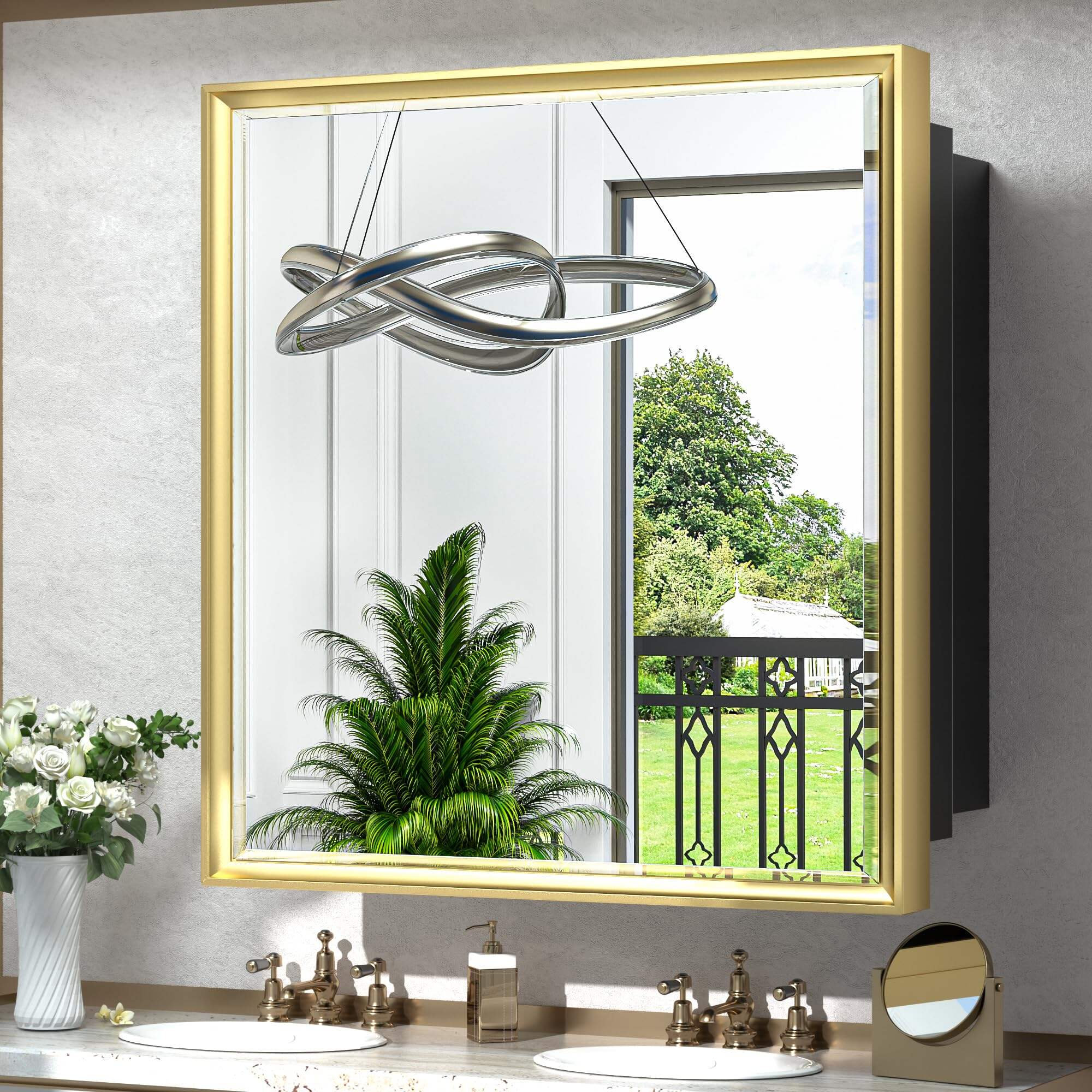 Foshan Haohan Smart Home Co., Ltd.30x32 Medicine Cabinet Bathroom Vanity Mirror Gold Metal Framed Recessed or Surface Wall Mounted with Aluminum Alloy Beveled Edges Design 1 Door for Modern Farmhouse