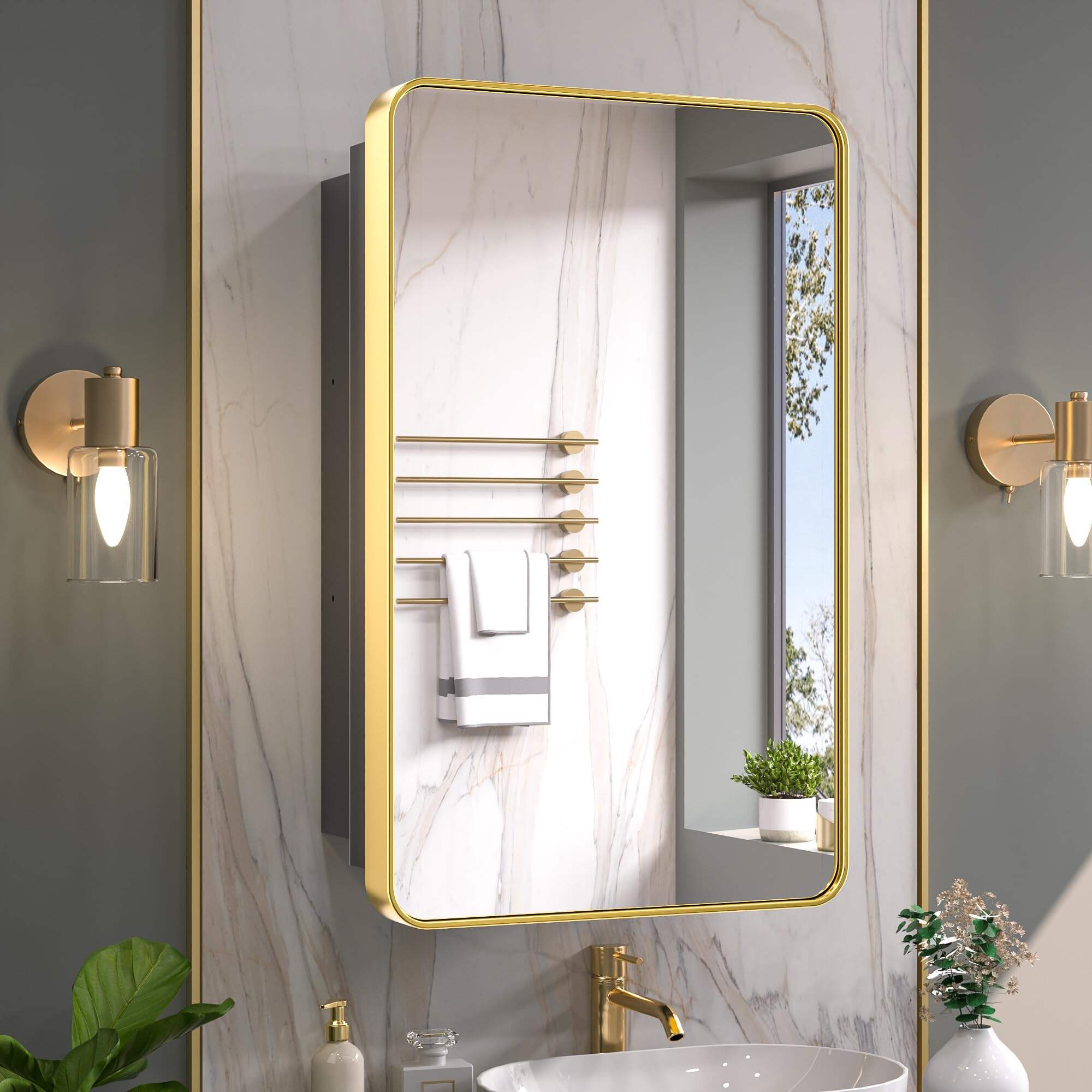 Foshan Haohan Smart Home Co., Ltd. 20 х 32 инчийн толин тусгалтай алтан эмийн шүүгээ Угаалгын өрөөний тохируулгатай тавиуртай Зэвэрдэггүй ган хүрээтэй, нэг хаалгатай дугуй хэлбэртэй тэгш өнцөгт хананд суурилуулсан, тольтой угаалгын өрөөний хадгалах шүүгээ