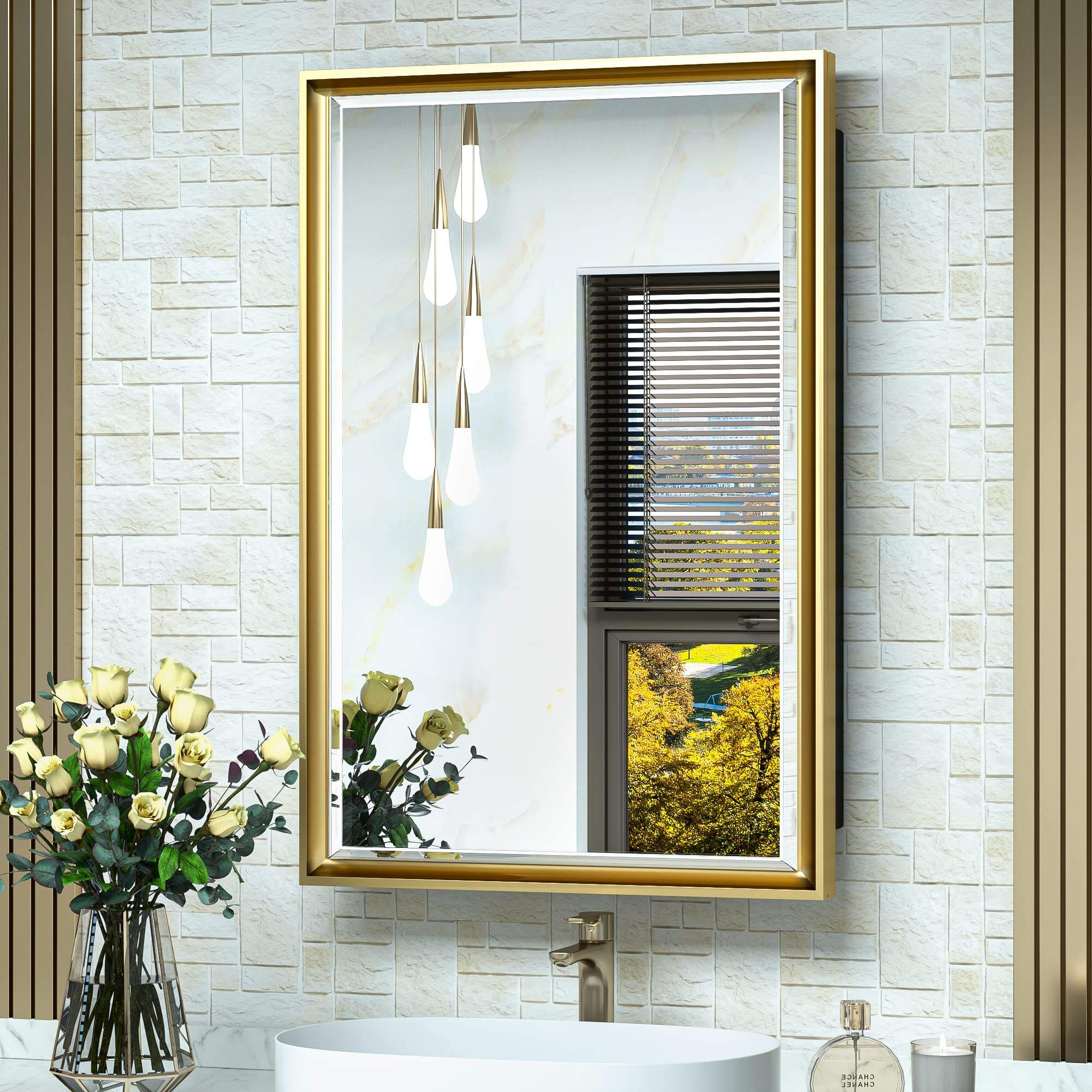 Foshan Haohan Smart Home Co., Ltd. Recessed Medicine Cabinet 16x24 in Bathroom Vanity Mirror Gold Metal Framed Surface Wall Mounted with Aluminum Alloy Beveled Edges Design 1 Door for Modern Farmhouse