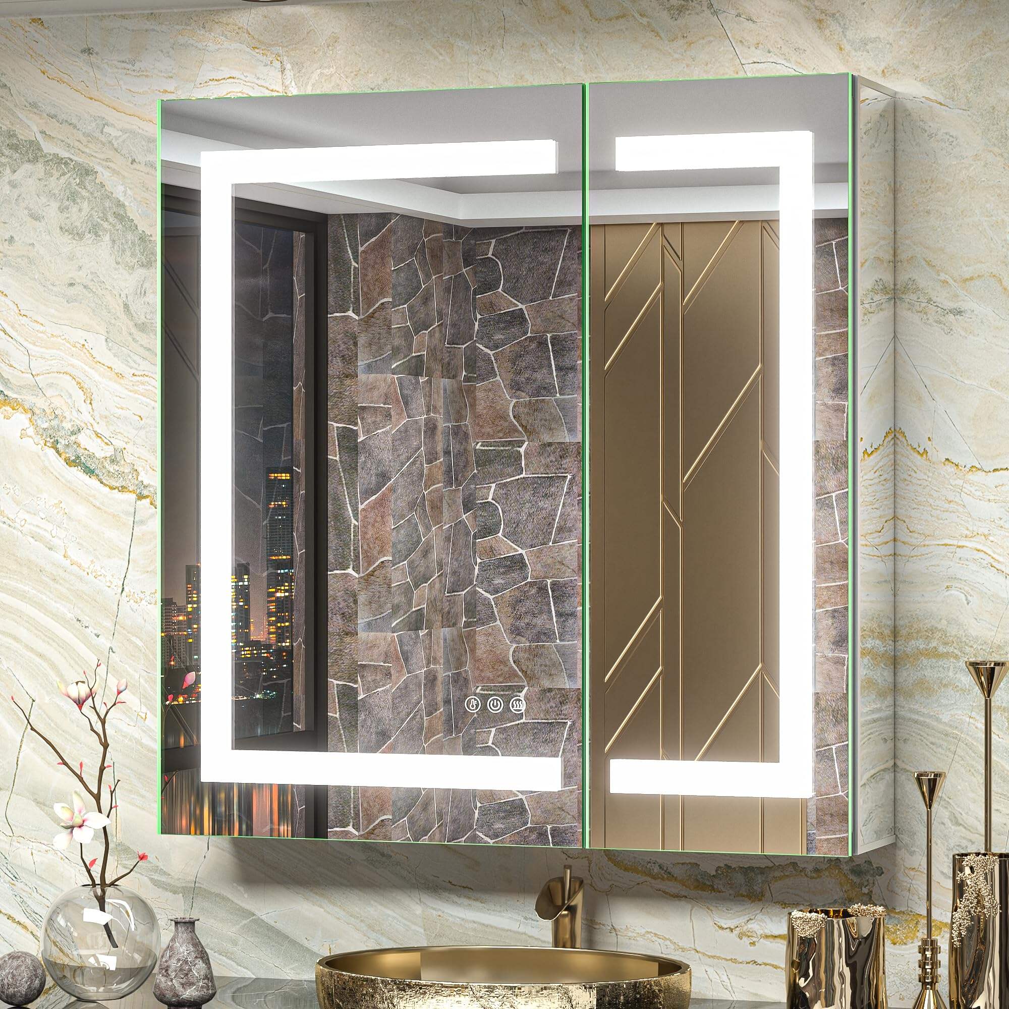 Foshan Haohan Smart Home Co., Ltd. 30x32 Mirrored Medicine Cabinets for Bathroom with Electrical Outlet, Frontlit Anti-Fog 3 Colors Temperature Dimmable Surface or Recessed Mount for Vanity and Modern Decor