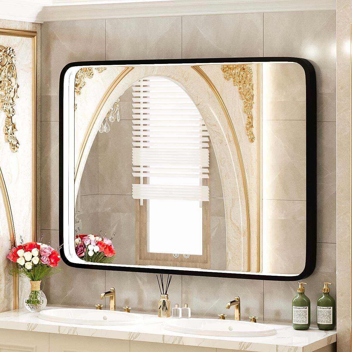 JJGullit bathroom mirror supplier  40x30 Inch LED Bathroom Mirror with Lights, Black Metal Framed LED Vanity Mirror, French Cleats Wall Mounted Anti Fog Dimmable Lighted Bathroom Mirror for Makeup(Horizont