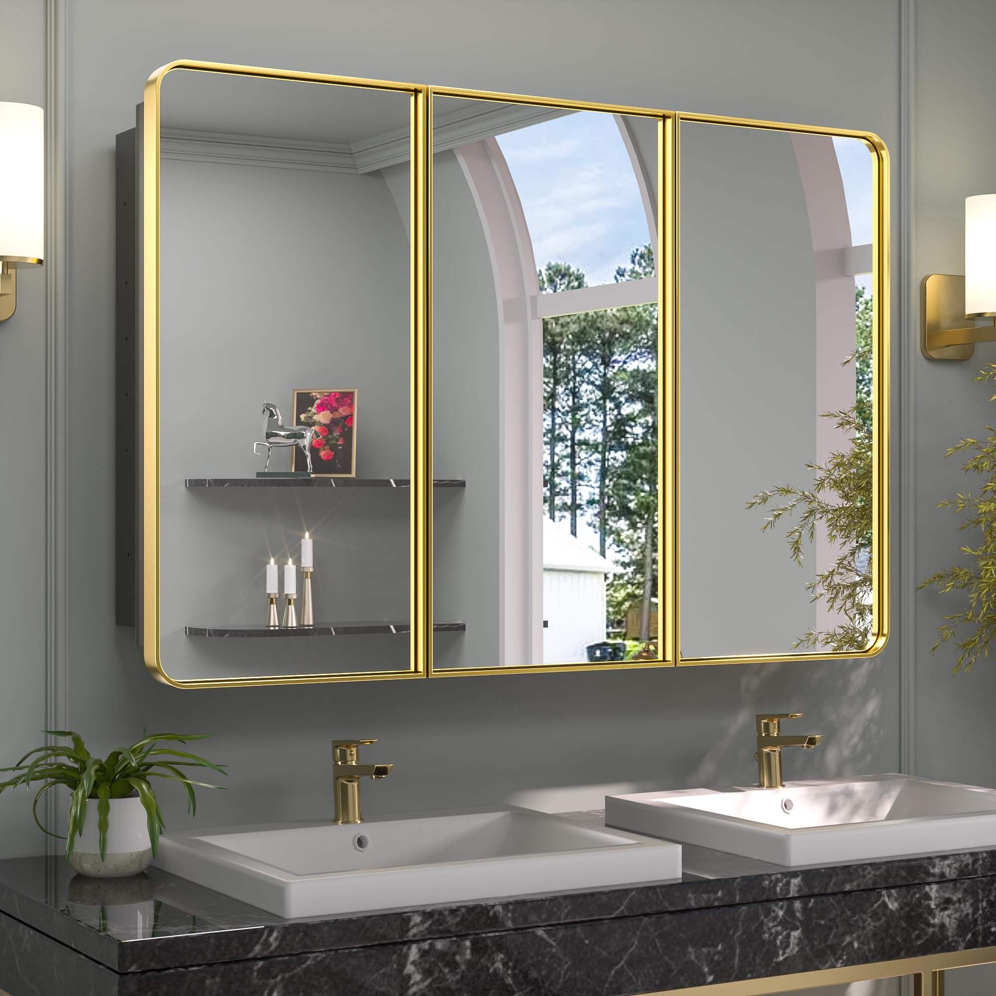 Foshan Haohan Smart Home Co., Ltd. خزانات طبية ذهبية مقاس 48 × 32 بوصة للحمام مع مرآة، أرفف قابلة للتعديل، 3 أبواب إطار من الفولاذ المقاوم للصدأ، مفصلة إغلاق ناعمة، وحدة تخزين معدنية ذات مرآة كبيرة مثبتة على الحائط