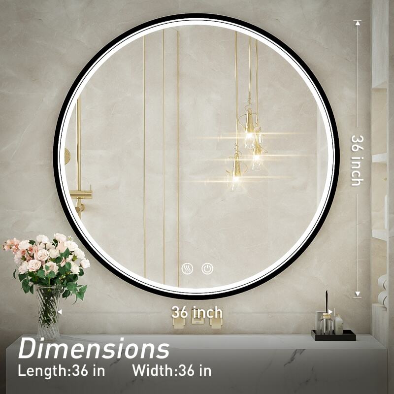 JJGullit bathroom mirror supplier LED Round Mirror,36 Inch Black Metal Frame Bathroom Mirror with Light,6000K Lighted Vanity Mirror,Wall Mounted,Anti-Fog & Dimmable Touch Switch, Waterproof IP54