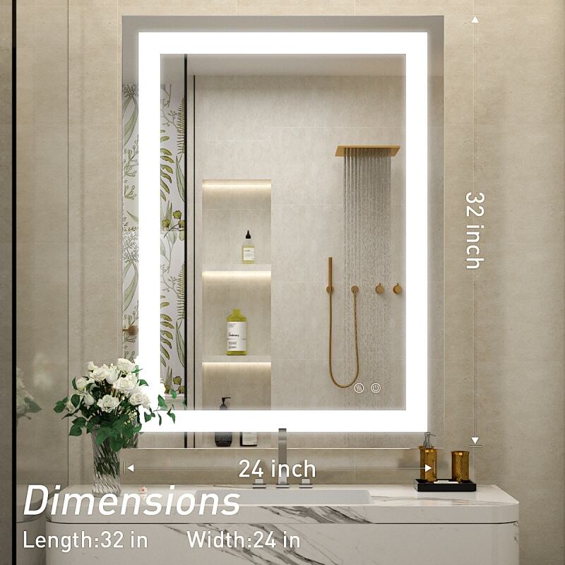 JJGullit fournisseur de miroir de salle de bain Miroir LED 24 x 32 pouces, miroir de salle de bain éclairé avec lumières, miroir de courtoisie mural sans cadre, intensité variable, fonction de mémoire antibuée (horizontale et verticale)