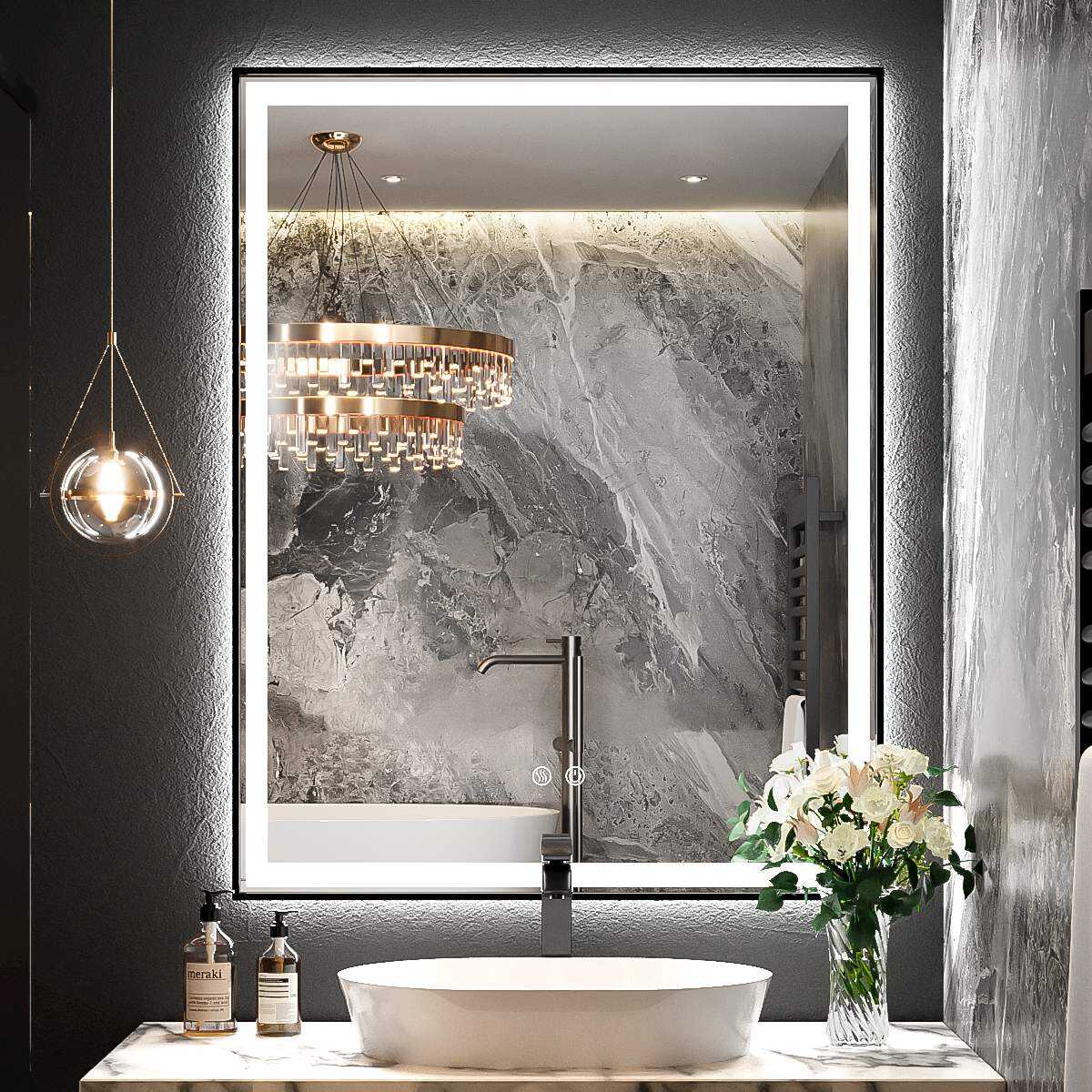 JJGullit bathroom mirror supplier LED Bathroom Mirror with Lights, 28x36 Inch Frontlit and Backlit Anti-Fog Bathroom Vanity Mirror, Stepless Dimmable, French Cleats Wall Mount Lighted Mirror