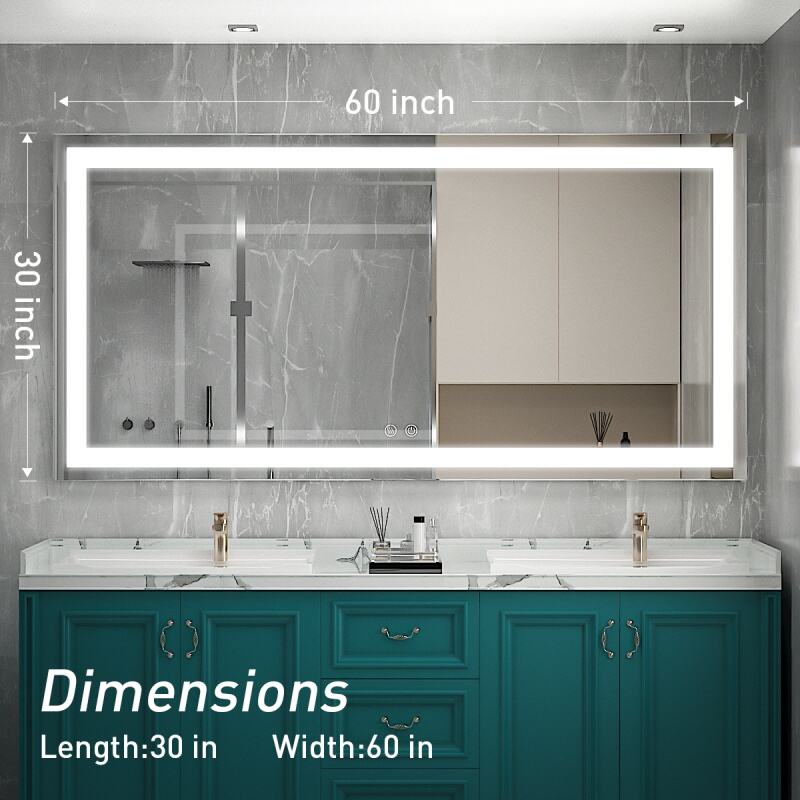 JJGullit bathroom mirror supplier 60x30 Inch LED Bathroom Mirror, Wall Mounted Vanity Mirror with Lights,Dimmable,CRI90+,Waterproof 54,Touch Switch, Anti-Fog Modern Lighted Mirror