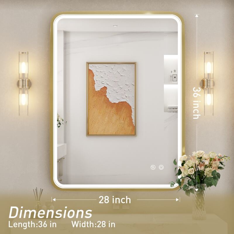 JJGullit bathroom mirror supplier 28x36 Inch LED Bathroom Mirror with lights,Wall Mounted Lighted Vanity Mirrors with Non-Rusting Gold Metal Frame Anti-Fog Memory Funtion Stepless Dimmable for Bathroom