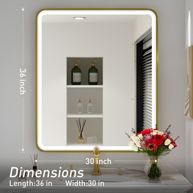 JJGullit bathroom mirror supplier 30x36 Inch LED Bathroom Mirror with Lights,Gold Metal Frame Lighted Vanity Mirror, Anti Fog Design&Dimmable&Touch Switch,Large Wall Mounted Mirror for Bathroom Decor (Hor