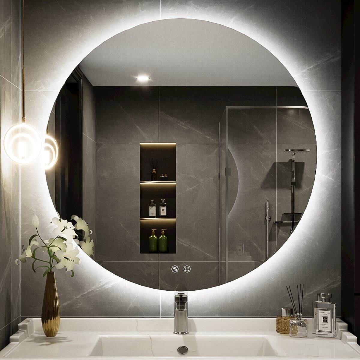 JJGullit bathroom mirror supplier  Round LED Backlit Mirror, 30 Inch Bathroom Vanity Mirror with Lights, Circle Lighted Mirror, Wall Mounted Anti-Fog Dimmable LED Makeup Mirror for Bedroom, Touch Switch and CRI 90+