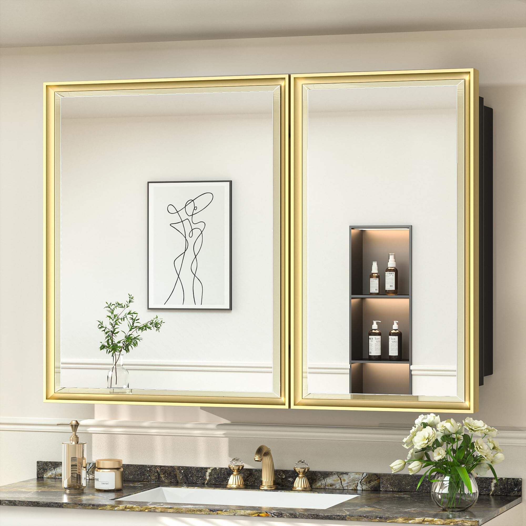 Foshan Haohan Smart Home Co., Ltd.Recessed Medicine Cabinet 40x30 in Bathroom Vanity Mirror Gold Metal Framed Surface Wall Mounted with Aluminum Alloy Beveled Edges Design 2 Door for Modern Farmhouse
