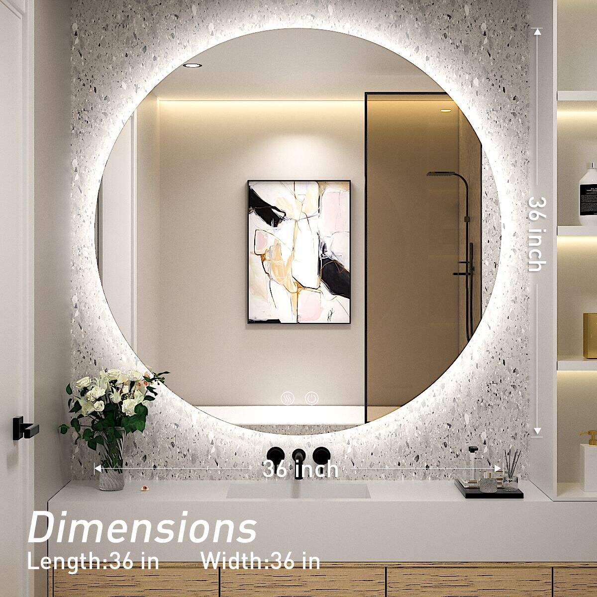 JJGullit bathroom mirror supplier 36 Inch Round Backlit Mirror LED Bathroom Mirror with Lights, Anti-Fog Dimmable Round Lighted Vanity Mirror, Wall Mounted Circle LED Makeup Mirror Touch Switch and CRI 90+