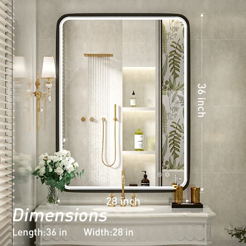 JJGullit bathroom mirror supplier 36x28 Inch LED Bathroom Mirror with Light,Black Metal Frame Lighted Vanity Mirror, Anti Fog Design&Dimmable&Touch Switch,Large Wall Mounted Makeup Mirror for Housewarming