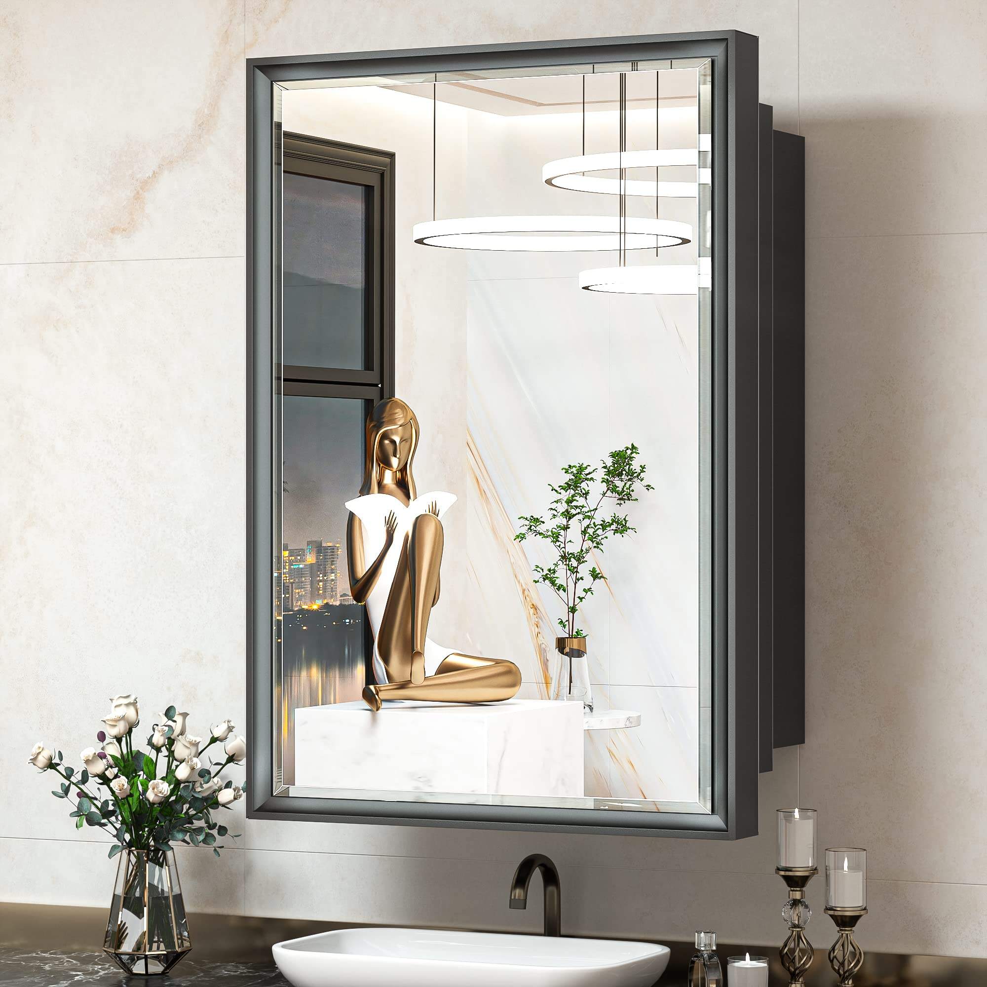 Foshan Haohan Smart Home Co., Ltd. Recessed Medicine Cabinet 24x36 Bathroom Vanity Mirror Black Metal Framed Surface Wall Mounted with Aluminum Alloy Beveled Edges Design 1 Door for Modern Farmhouse