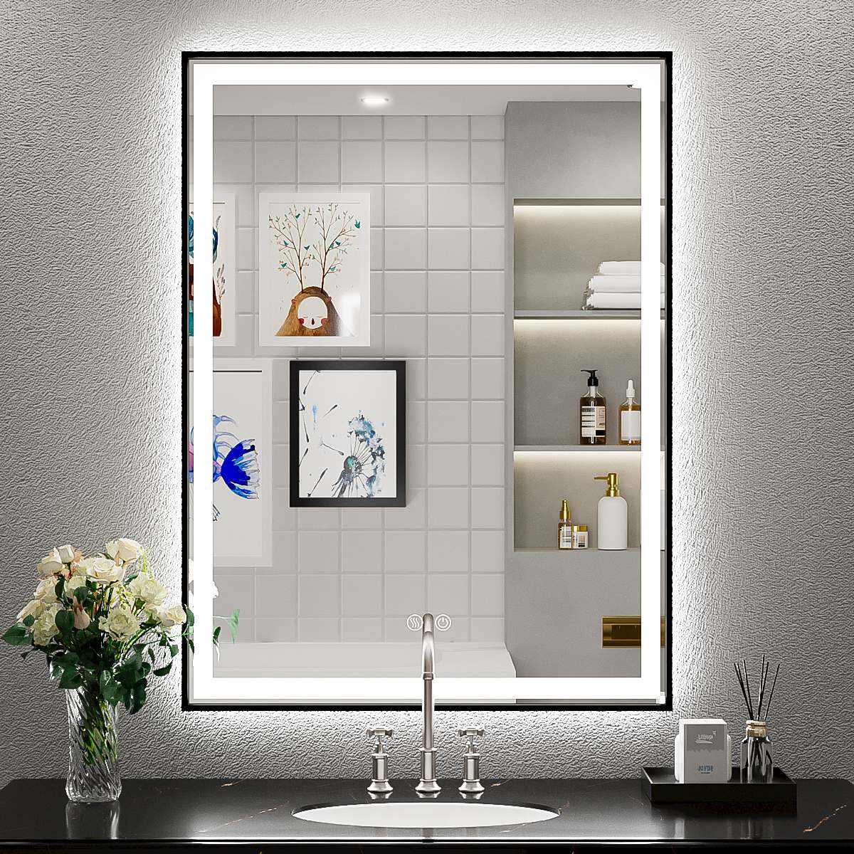 JJGullit bathroom mirror supplier  24x32 Inch LED Mirror, Bathroom Mirror with Lights, Wall Mounted Frontlit and backlit Lighted Vanity Mirrors, Rectangle Beveled Edge Memory Dimmable Anti-Fog