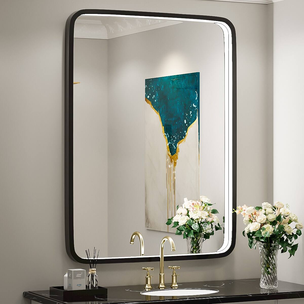 JJGullit bathroom mirror supplier 24x32 Inch LED Mirror, Black Metal Framed Bathroom Mirror with Lights, Wall Mounted Front Lighted Vanity Mirrors, Rectangle Beveled Edge Memory Dimmable Anti-Fog Horizont
