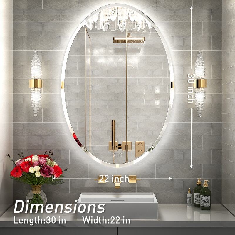 JJGullit bathroom mirror supplier 22 x 30 Inch LED Oval Mirror,Wall Mounted Backlit Beveled Bathroom Mirror, Dimmable Lighted Vanity Mirror with Lights,Anti-Fog,CRI 90+, IP54 Waterproof