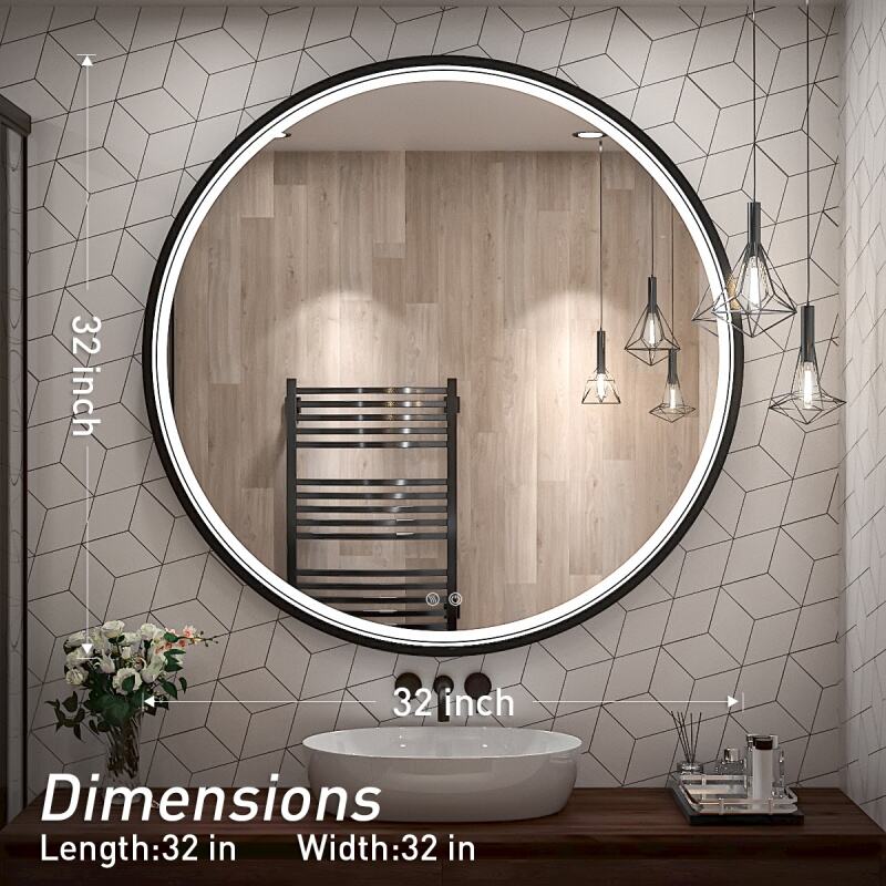 JJGullit bathroom mirror supplier 32 Inch LED Black Frame Round Bathroom Mirror with Light,Wall Mounted Lighted Vanity Mirror, Anti-Fog & Dimmable Touch Switch, Waterproof IP54,90+ CRI