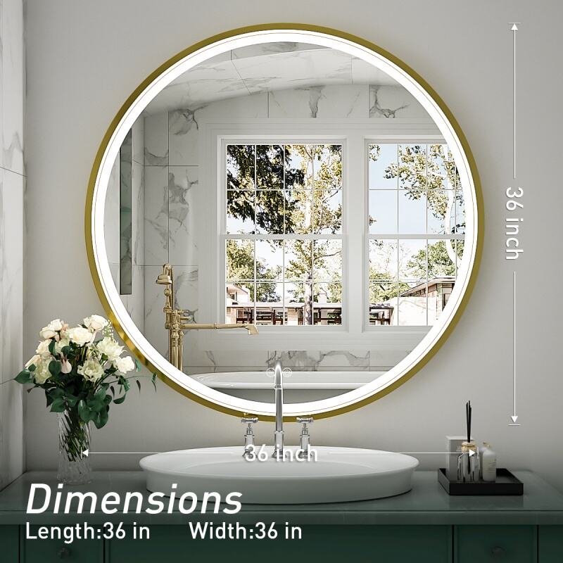JJGullit bathroom mirror supplier LED Round Mirror,36 Inch Gold Frame Bathroom Mirror with Light,6000K Lighted Vanity Mirror,Wall Mounted,Anti-Fog & Dimmable Touch Switch, Waterproof IP54