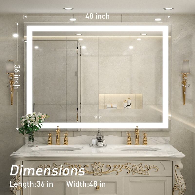 JJGullit fournisseur de miroir de salle de bain Miroir de salle de bain éclairé par LED de 48 x 36 pouces pour vanité, miroir mural anti-buée avec lumières, miroir de maquillage à intensité variable, interrupteur tactile, CRI90 +, étanche 54 (vertical et horizontal)