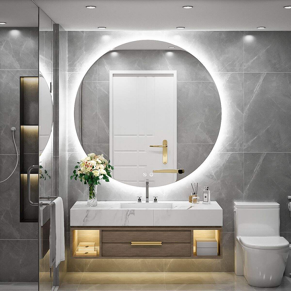 JJGullit bathroom mirror supplier 40 Inch Round LED Backlit Mirror, Bathroom Vanity Mirror with Lights, Circle Lighted Mirror, Wall Mounted Anti-Fog Dimmable LED Makeup Mirror for Bedroom, Touch Switch and C