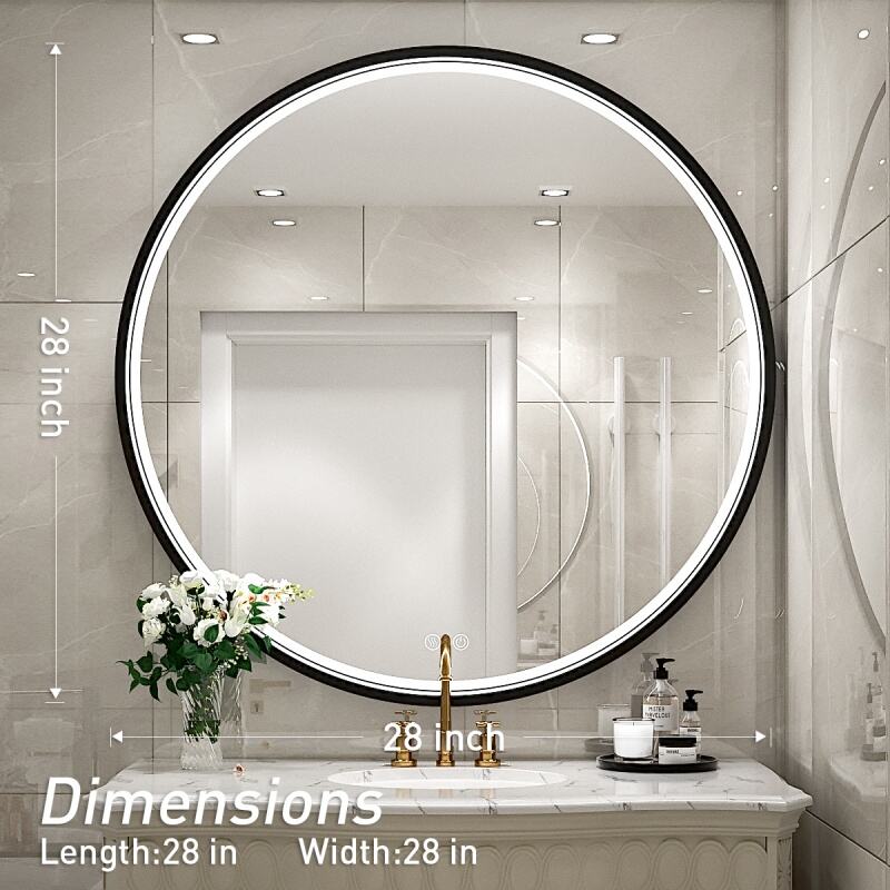 JJGullit bathroom mirror supplier 28 Inch LED Black Frame Round Mirror,Round Bathroom Mirror with Light,Anti-Fog & Dimmable Touch Switch, Waterproof IP54,90+ CRI