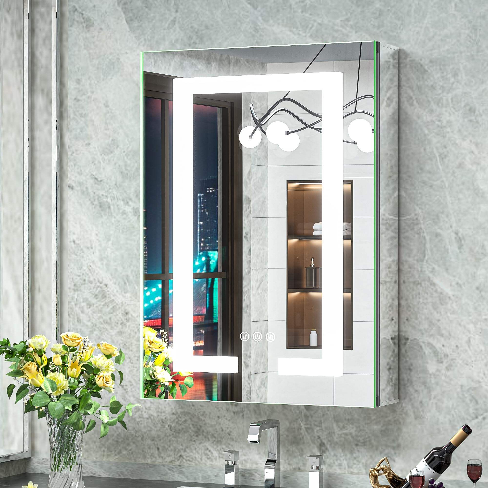 Foshan Haohan Smart Home Co., Ltd. Espejo de botiquín de baño LED de 16 x 24 con toma eléctrica, iluminación frontal antivaho, 3 colores de temperatura regulable, superficie o montaje empotrado para almacenamiento de baño y moderno