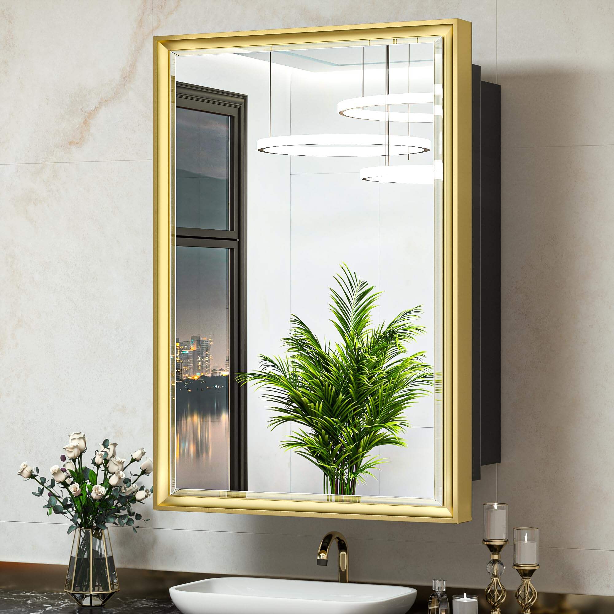 Foshan Haohan Smart Home Co., Ltd. Recessed Medicine Cabinet 24x36 Bathroom Vanity Mirror Gold Metal Framed Surface Wall Mounted with Aluminum Alloy Beveled Edges Design 1 Door for Modern Farmhouse