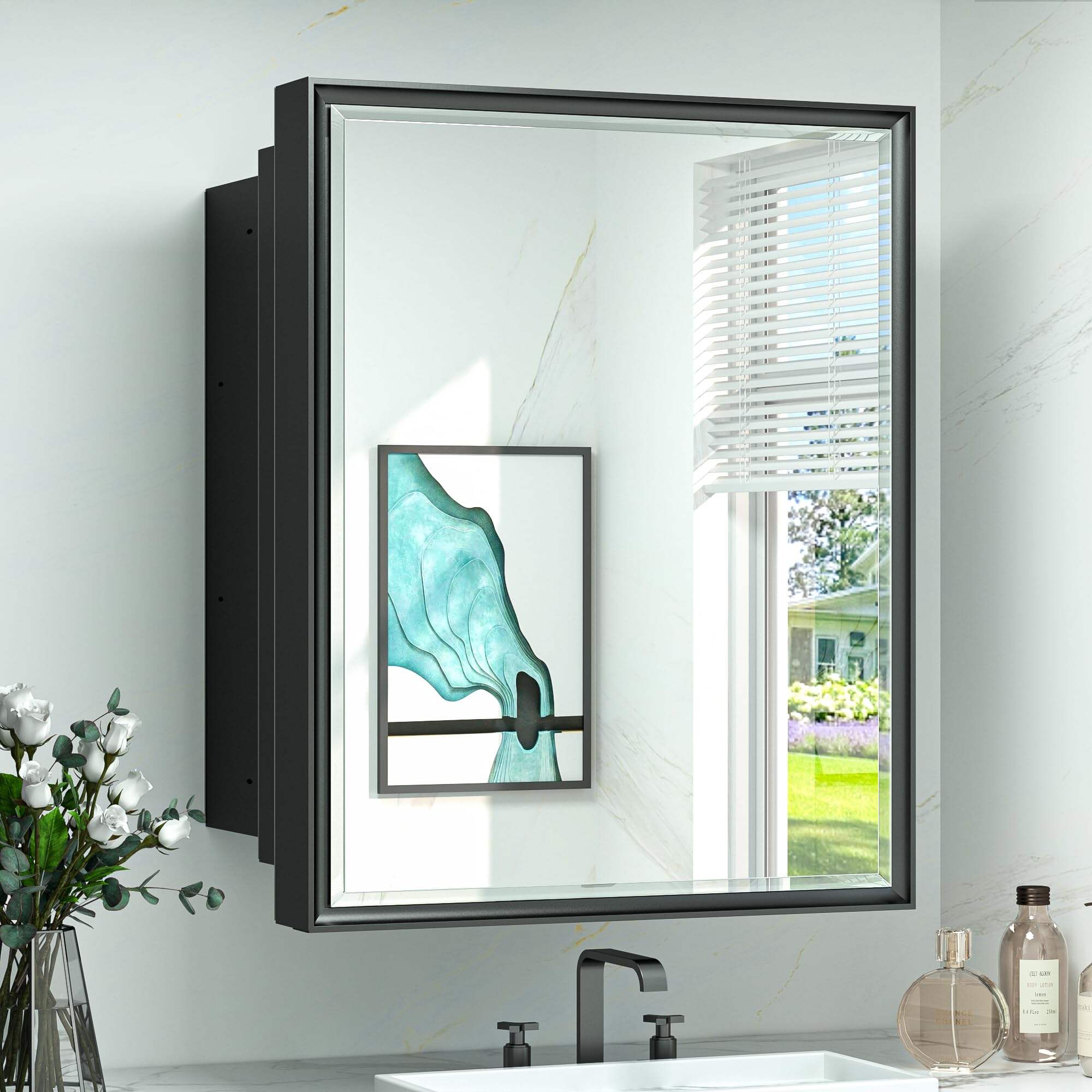 Foshan Haohan Smart Home Co., Ltd. 26x30 Recessed Medicine Cabinet Bathroom Vanity Mirror Black Metal Framed Surface Wall Mounted with Aluminum Alloy Beveled Edges Design 1 Door for Modern Farmhouse