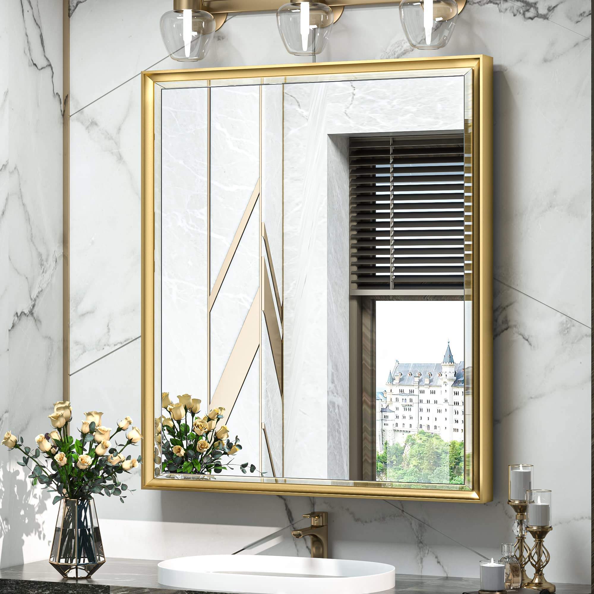 Foshan Haohan Smart Home Co., Ltd.Medicine Cabinet 26x30 Bathroom Vanity Mirror Gold Metal Framed Recessed or Surface Wall Mounted with Aluminum Alloy Beveled Edges Design 1 Door for Modern Farmhouse