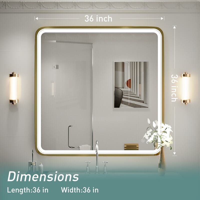 JJGullit bathroom mirror supplier 36X36 Inch LED Bathroom Mirrors, Gold Framed Dimmable Lighted Mirror for Wall, Bathroom Vanity Mirror with Lights, Anti Fog Design&6000K&Touch Switch